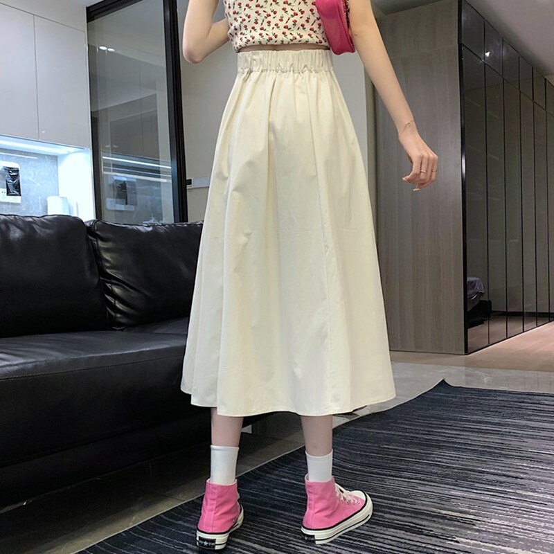 Plus Size Women High Waist Casual Skirts Korean Style Solid Color Ladies Elegant A-line Long Skirt