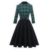 England Style Green Plaid Women Party Dress Hepburn Black Patchwork 3/4 Long Sleeve Autumn Winter 50s Swing Midi Vintage Dresses