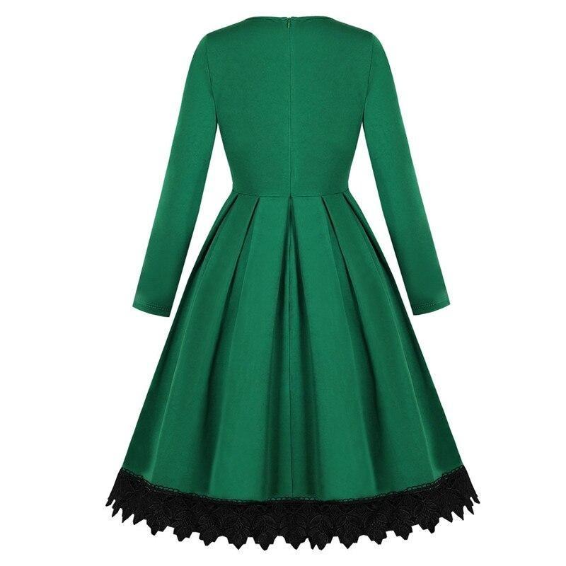 Green Contrast Guipure Lace Hem Solid Pleated Midi Long Sleeve Autumn Winter High Waist Vintage Dress