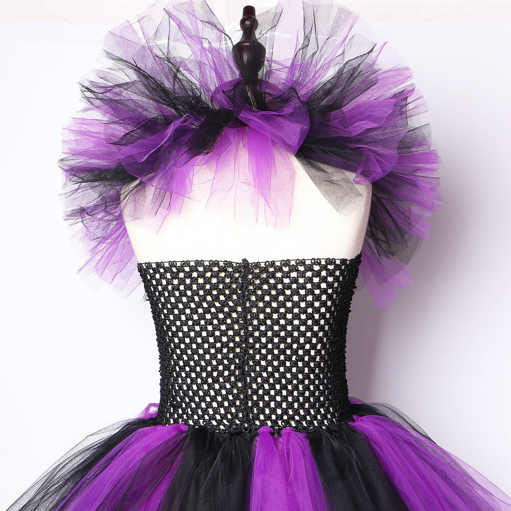 Purple Black Witch Dress Girls Halloween Holidays Costumes Kids Carnival Tutu Knee Dresses for Children Cosplay Party