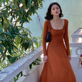 Elegant Long Aleeve Sweater Dress Women Knit Autumn Winter Dress Female Slim A-line Casual Vintage Dress