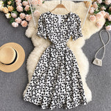 Leaf Floral Print Women Summer Short Puff Sleeve Casual Midi Dress Knee Length Square Neck Elegant Vintage Dress