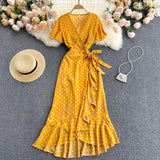 Summer Clothes Dresses For Women Elegant Vintage Ruffle Wrap Dress V Neck Short Sleeve Casual Polka Dot Midi Dress