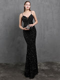 New Strap Women Party Dress Sexy V-neck Long Sequin Evening Dress