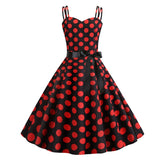 Pinup 50S Vintage Spaghetti Strap Polka Dot Summer Dress with Belt Women Fit and Flare Casual Swing Dresses