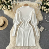 Autumn Winter Mini Dresses For Women Elegant Mock Neck Puff Sleeve Knitted Dress Solid Ribbed Sexy Bodycon Dress