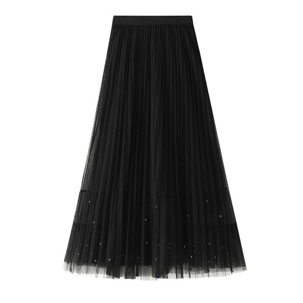 Women Summer Elegant Solid Color Midi Tulle Ladies Summer Streetwear Casual High Waist Long Pleated Skirt