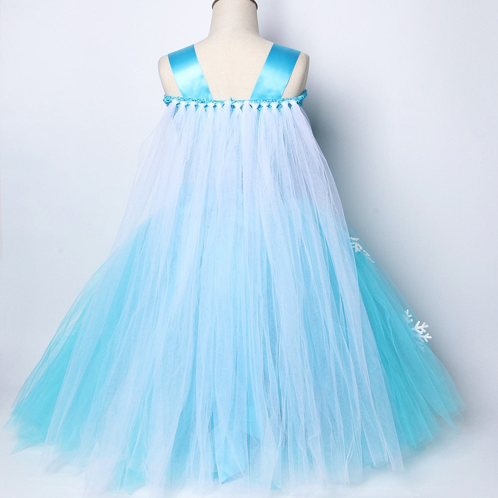 Queen Elsa Dresses for Girls Long Tutu Dress with Cloak Kids Cosplay Halloween Costumes New Year Snowflake Crown Princess Outfit