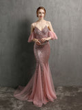 Women White Color Sexy V Neck Spaghetti Straps Sequin Evening Dress Elegant Off Shoulder Party Dress