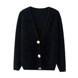 Women Single-breasted Long Sleeve V-Neck Mohair Sweater Cardigans Solid Loose Knitted Coat Outwear