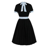 2021 Stand Collar High Waist Patchwork Elegant Black Pleated Runway Dress Women Bow Tie Back Knee Length Ladies Dresses