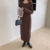 Crew Neck Long Sleeve Basic Casual Knitted Dress Fall Winter Side Slit Elegant Loose Midi Dress