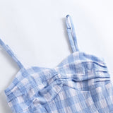 Spaghetti Strap Blue Plaid 50s Women Vintage Pinup Summer Swing Fit and Flare Slim Cami Dress