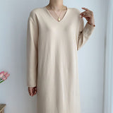 Solid Elegant Knitted Dress Autumn Winter V Neck Long Sleeve Casual Loose Midi Dress