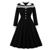 Long Sleeve Button Front Contrast Notched Neck Stripe Midi Elegant Black Swing Dress