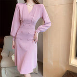 Autumn Winter Dress Women Clothing Long Sleeve V Neck Button Knee Length Midi Dress Elegant Office Knitted Dress