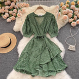 V Neck Short Puff Sleeve Ruffle Hem Wrap Dress Floral Print Casual Mini Dress