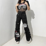 Hip Hop Y2K Punk Skull Print Goth Mall Grunge Cargo Pants Harajuku High Waist Big Pocket Trousers Black Buckle Pants Techwear