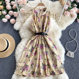 Beach Chiffon Floral Summer Dress Round Neck Sleeveless Casual Mini Dress With Belt