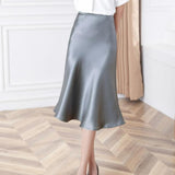 Elegant Office Long Women Midi High Waisted Vintage Silk Satin Korean Style OL Slim Ladies Midi Skirts