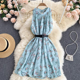 Beach Chiffon Floral Summer Dress Round Neck Sleeveless Casual Mini Dress With Belt