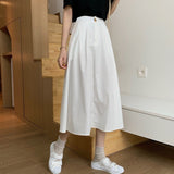 Women High Waist Casual Skirts Korean Style Streetwear Solid Color Loose Ladies A-line Long Skirt