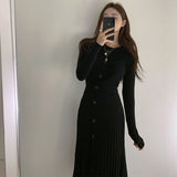 Elegant Office Lady Pleated Dress Crew Neck Long Sleeve Button Casual Knitted Midi Dress