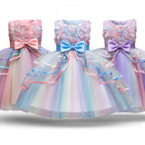 Flower Princess Dress For Girls Kids Rainbow Colorful Tutu Vestidos Children Wedding Ceremony Pageant Bridesmaid Party Clothing