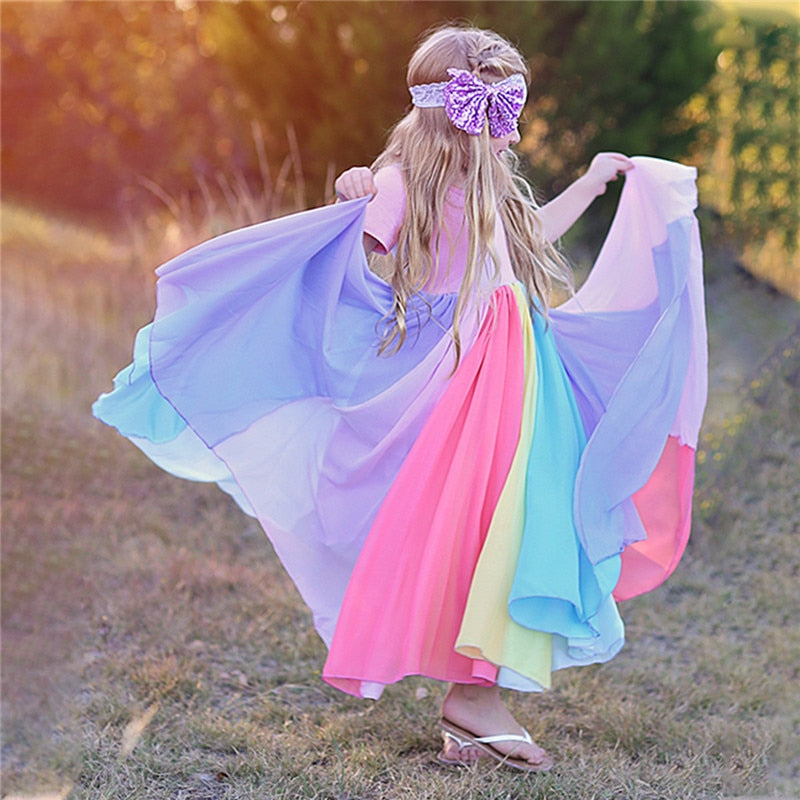 Rainbow Princess Sundress Short Sleeve Party Beach Costume Toddler Kids Dress For Baby Girls