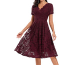 V Neck Elegant Burgundy A Line Lace Women Summer High Waist Vintage Midi Swing Dress