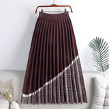 Elastic High Waist Casual Pleated Skirt A Line Houndstooth Patchwork Winter Knitted Skirt