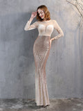 Velvet Sequins Elegant Mermaid Long Sleeve Cocktail Party Dresses Women Formal O-Neck Floor-Length Prom Vestidoes