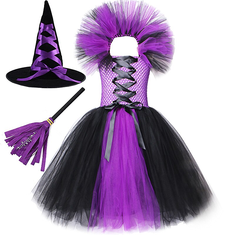 Halloween Witch Costume for Girls Kids Long Floor Dresses Devil Cosplay Gown Dress Teenage Girl Carnival Party Outfits Broom Hat