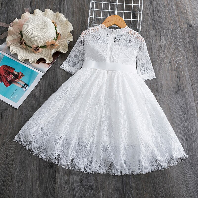 Girls New Year Costume Lace Princess Dress Flower Embroidery Tulle Long Sleeve Winter Baby Kids Children Christmas Party Dresses