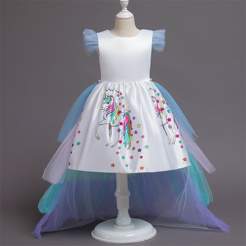 Unicorn Dress For Girls Kids Rainbow Long Tail Tutu Ball Gown With Headband Wings Children Halloween Cosplay Princess Costume