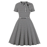 Vintage White and Black Striped Tie Neck Cut-out A Line Skater 95% Cotton Short Sleeve Autumn Casual Dress