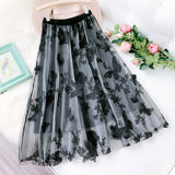 Women Mesh High Waist A-Line Tutu Butterfly Embroidered Sweet Skirts Girl Streetwear