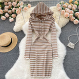 Long Sleeve Hooded Knitted Striped Dresses Women Autumn Winter Casual Sweater Dress