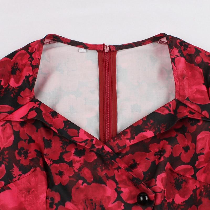 Button Front High Waist Wrap Red Flower Floral Elegant Midi Pleated Women Retro Vintage Dress