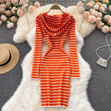 Long Sleeve Hooded Knitted Striped Dresses Women Autumn Winter Casual Sweater Dress