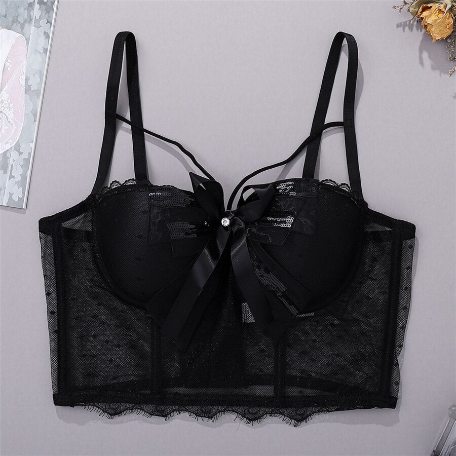 Summer Lace Mesh Bow Crop Tank Top With Built In Bra See Through Top P –  dailyfashionlove