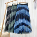 Tie Dye Print Mesh Tulle Skirt Streetwear High Waist Summer Women Midi Long Pleated Skirts