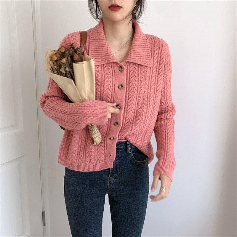 Women Single-breasted Solid Cardigans Casual Vintage Knit Sweater Coat Streetwear