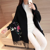 Winter Knitted Women Poncho Tassel Floral Embroidery Cardigans Batwing Sleeves Sweater Loose Shawl