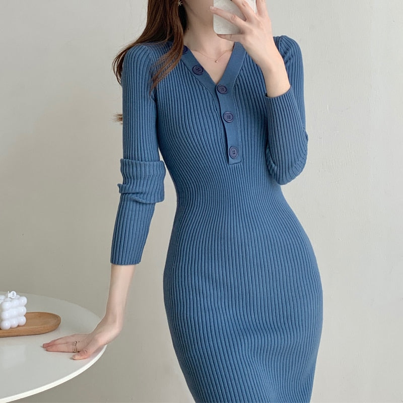 Women V Neck Long Sleeve Casual Knitted Dress Clothes Button Autumn Winter Mini Dress Elegant Ribbed Sexy Bodycon Dress