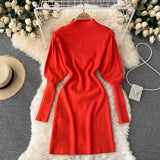 Autumn Winter Mini Dresses For Women Elegant Mock Neck Puff Sleeve Knitted Dress Solid Ribbed Sexy Bodycon Dress