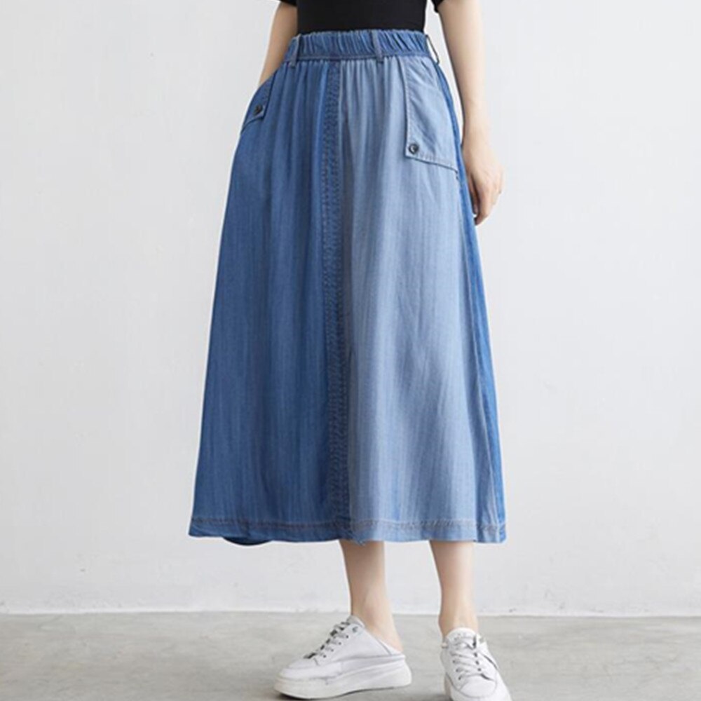 Fashion Korean Denim Women Solid Color Long Elastic High Waist Big Swing Casual Pleated Jean Skirt