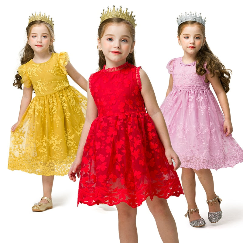 Red Christmas Girls Dress Flower Princess Birhtday Party Baby Girl Clothes Kids Children Lace Frocks 2 3 4 5 6 7 Years Clothing