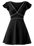 Ruffled Short Sleeve Sexy Mini Night Evening Dress Deep V-neck A-line Taffta Club Lady Dresses Black Red Party Prom Gowns