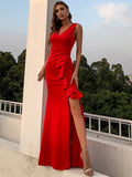 Side Split Sleeveless Formal Evening Dress Double V Neck Mermaid Women Party Gowns Tafftla Ruffle Floor Length Vestido
